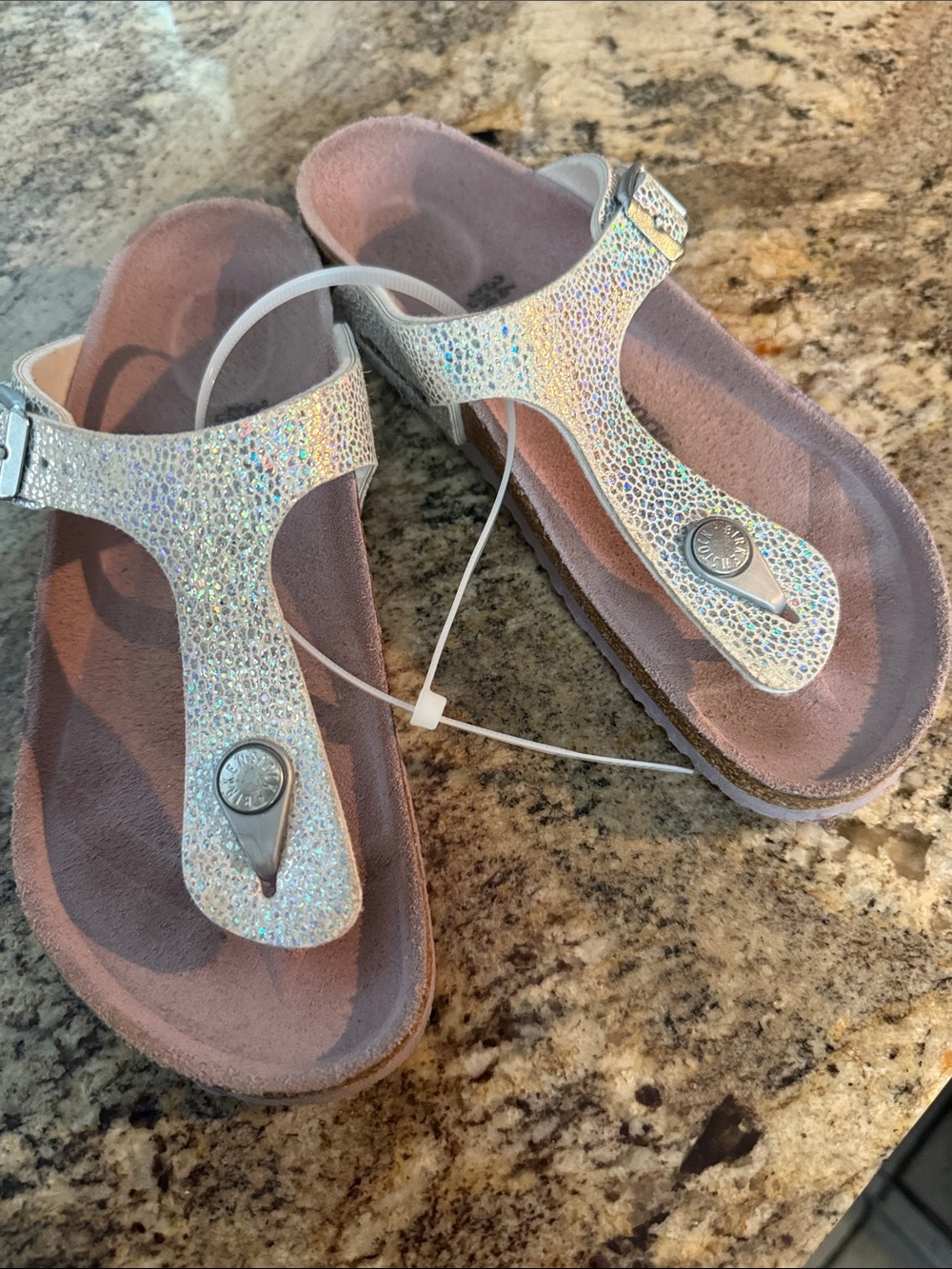 Girl’s Glitter Birkenstock Thong Sandals - Iridescent White - Size 34